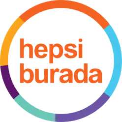 Hepsiburada logosu, renkli daire içinde turuncu hepsi burada yazısı.