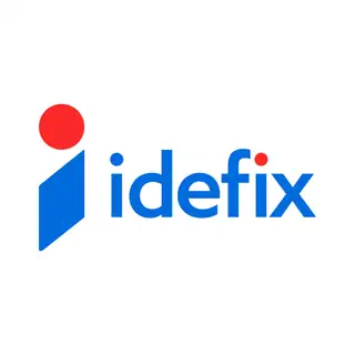 İdefix logosu, mavi "idefix" yazısı ve kırmızı geometrik figür.