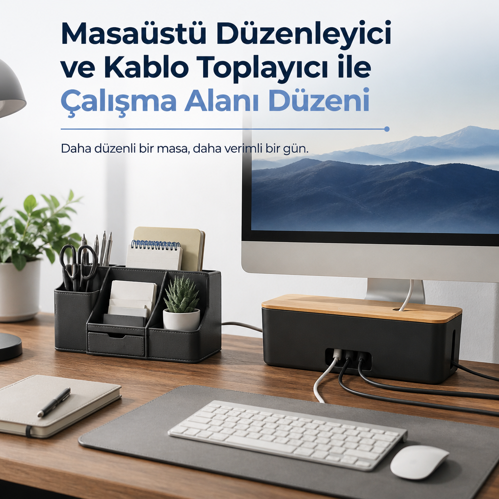 Düzenli masaüstü düzenleyici ve kablo toplayıcı kullanılan şık bir ev ofisi çalışma alanı.