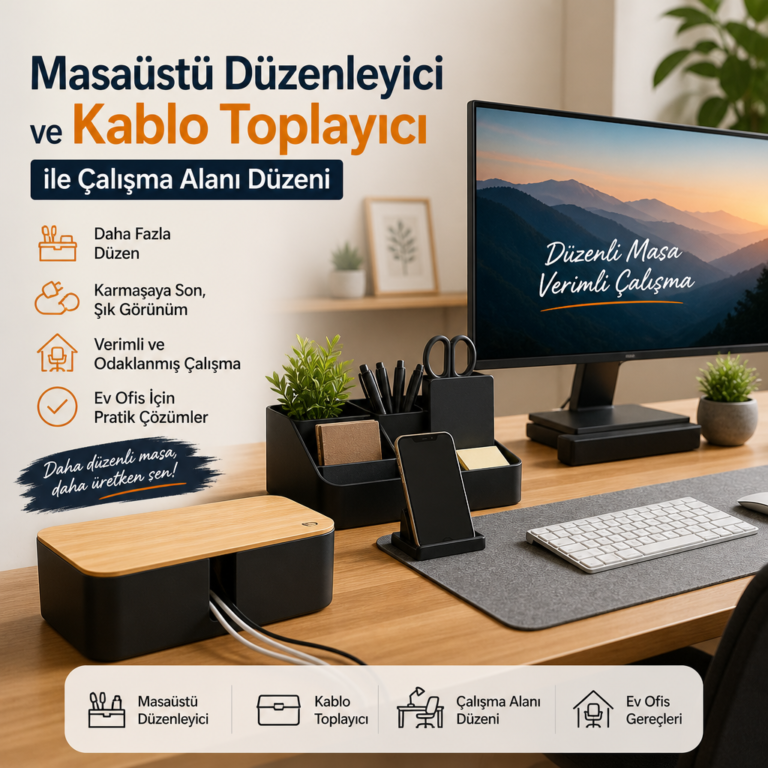 Masaüstü düzenleyici ve kablo toplayıcıyla düzenlenmiş modern ev ofisi çalışma alanı