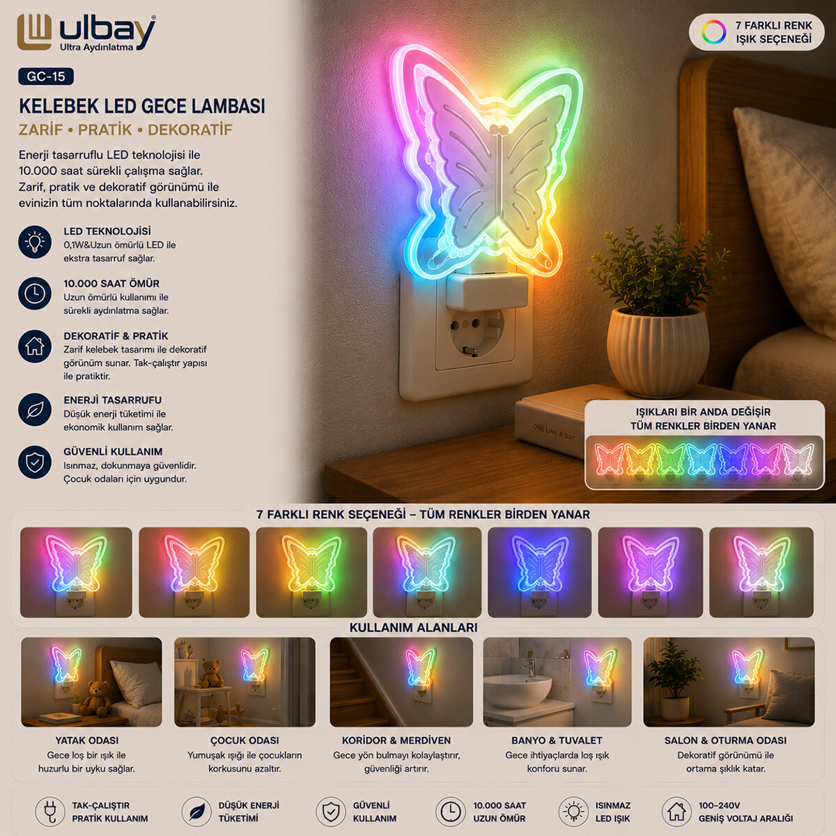 10 Adet Kelebek LED Gece Lambası Gc-15