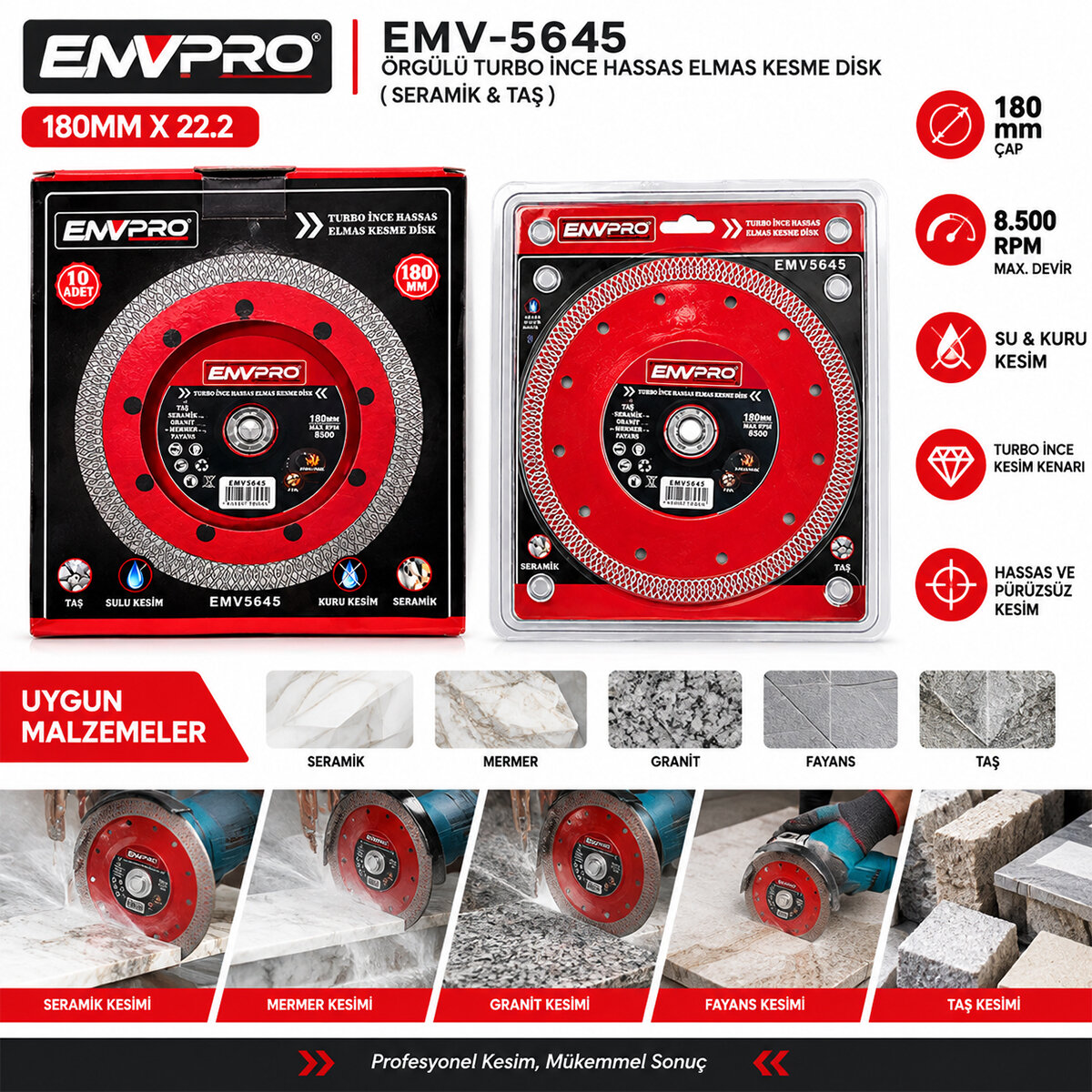 10 Adet Örgülü Turbo İnce Hassas Elmas Kesme Disk Seramik - Taş 180mmx22.2 Max 8.500prm