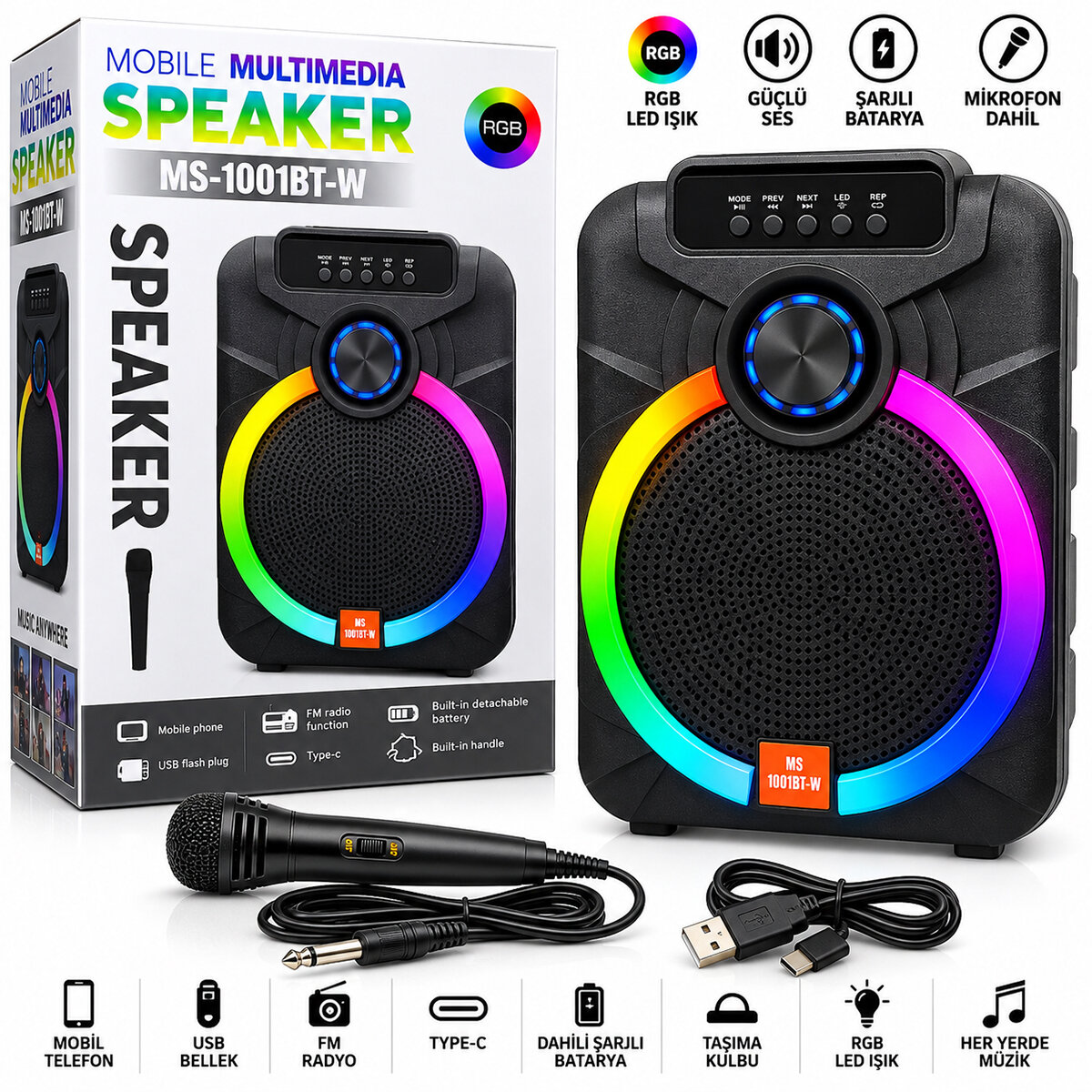 10 Inc Karaoke Mikrofonlu Speaker Hoparlör BT - SD - USB Sarjlı RGB Işıklı DC 5 V - AUX Ms-1001bt-2 Pl-4800