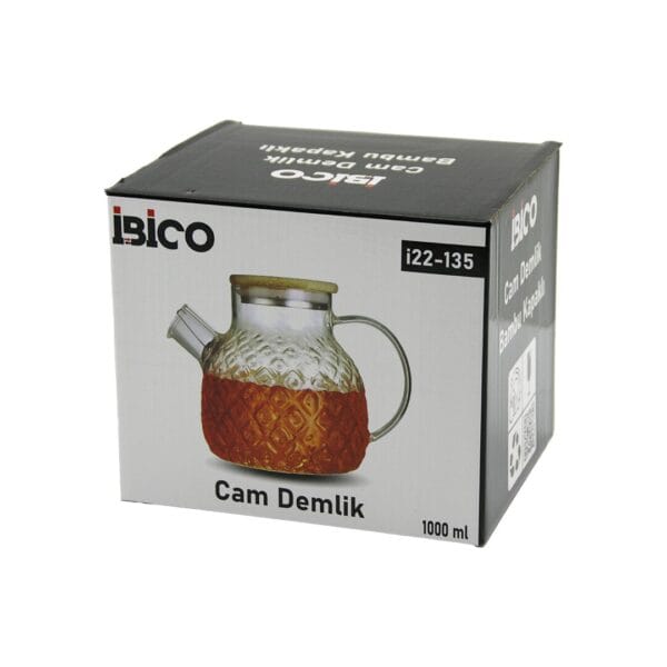1000 ml Abartma Desen Cam Demlik Bambu Dış Yüzey - Metal İç Yüzey - Silikon Contalı Kapak