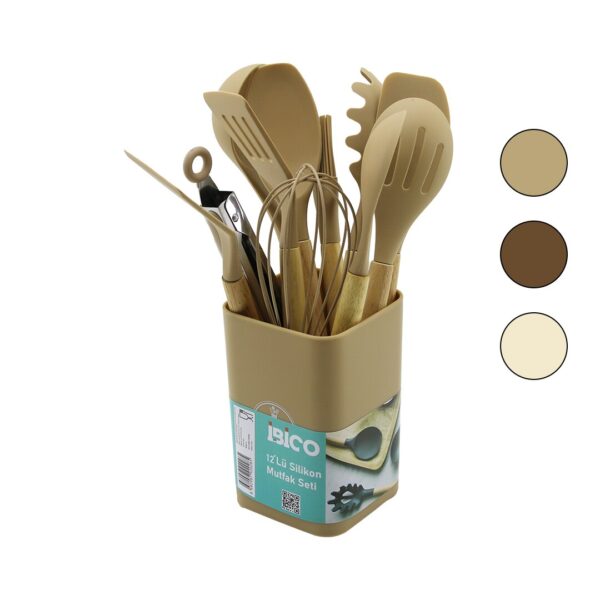 11pcs+kova Silikon Mutfak Seti Bambu Sap 3-Kaşık- 3-Spatula- 1-Kevgir- 1-Kepçe- 1-Maşa- 1-Çrpc- 1-Frç
