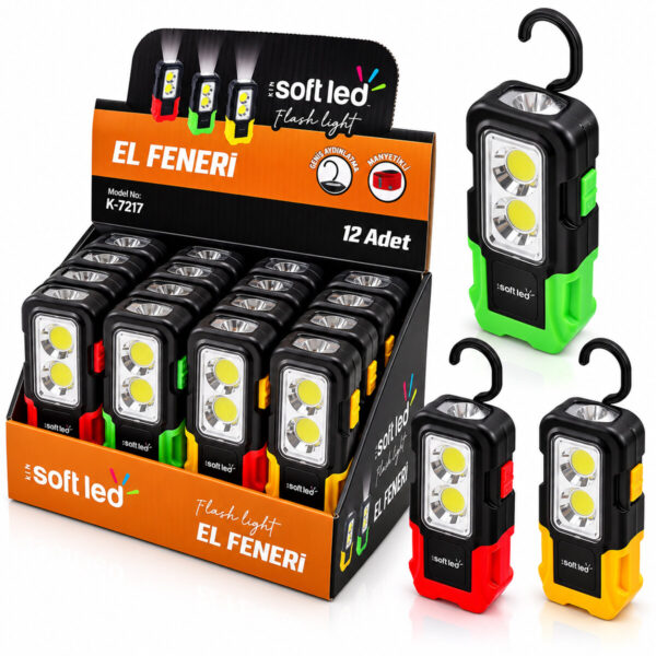 12 Adet 2ın1 Softled El Feneri 3xaaa Pilli Mıknatıslı Asma Aparatı 1 W LED - 3 W Cop LED K-7217