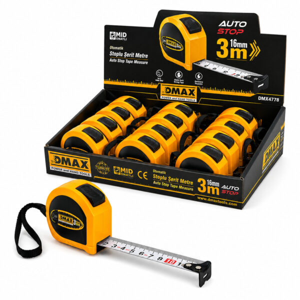 12 Adet 3 m X 16 mm Otomatik Çelik Şerit Metre Stoplu