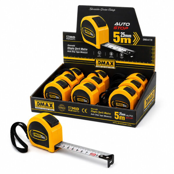 12 Adet 5 m X 25 mm Otomatik Çelik Şerit Metre Stoplu