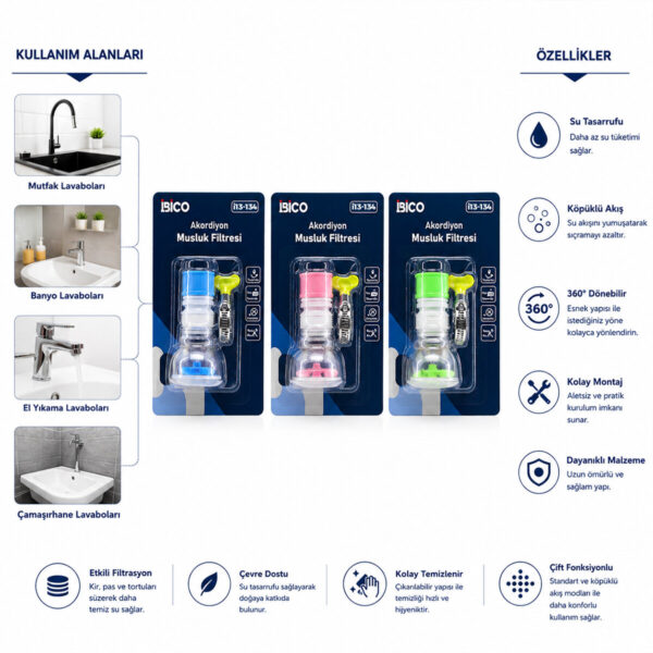12 Adet Musluk Ucu Filtresi 2 Katmanlı - Taşlı - Pervaneli 360° 16-19 mm Tüm Musluklara
