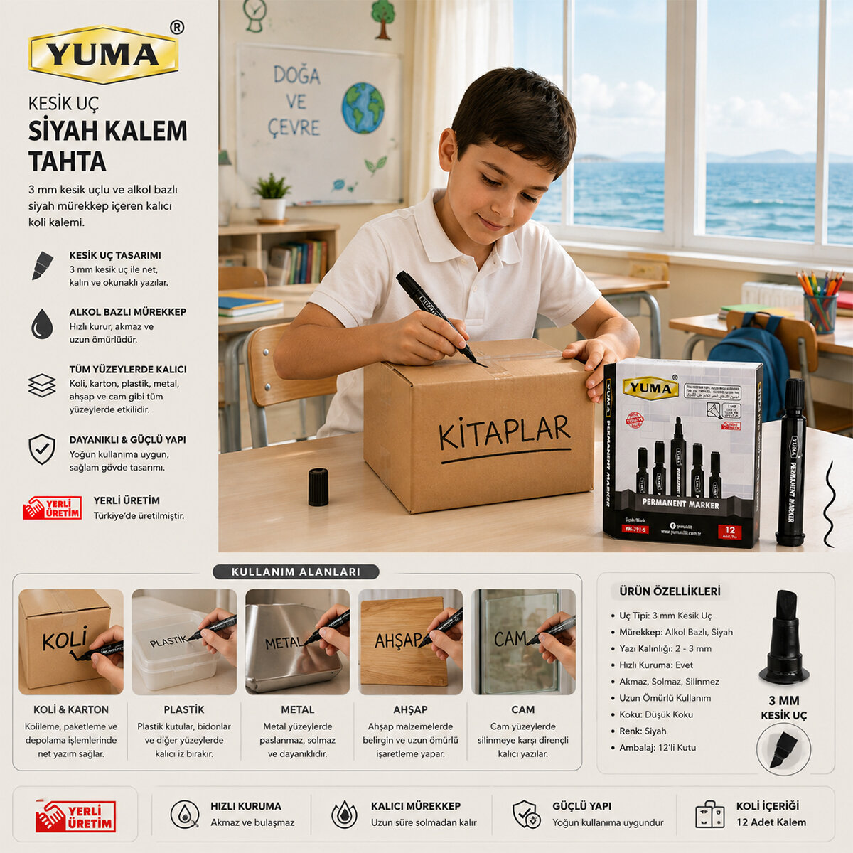 12 Adet Siyah Tahta Kalem Kesik Uç 3 mm