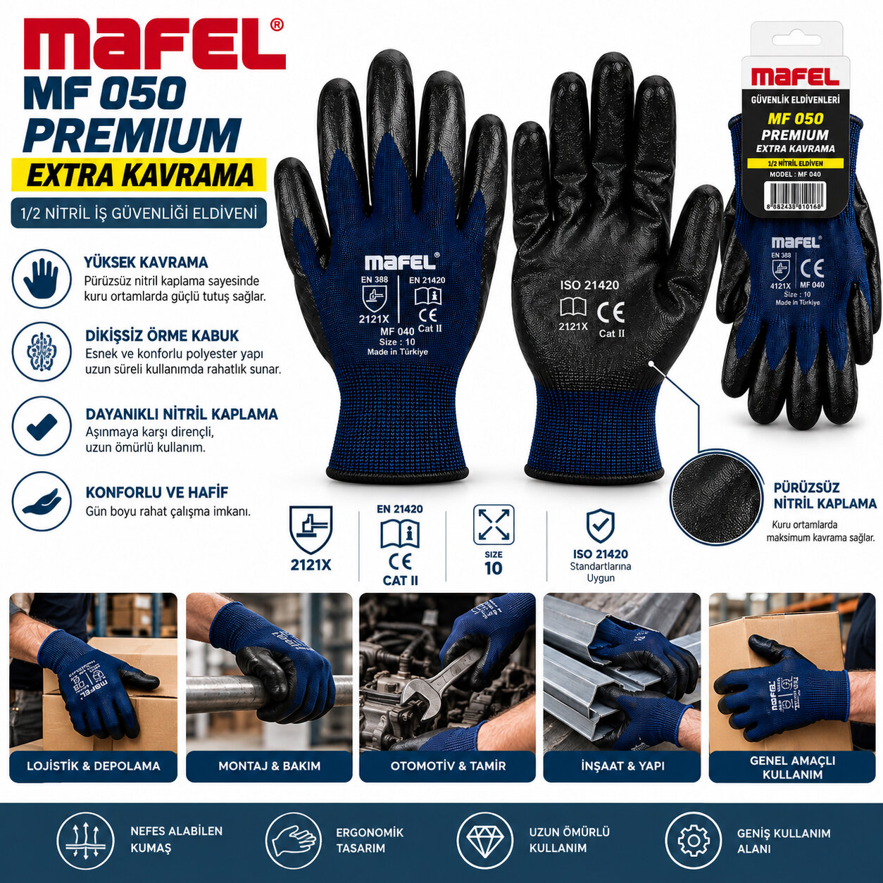 12 Adet Zebra Mavi Siyah No 10 XL Nitril İşçi Eldiven Poşetli Ambalaj Kesilme Direnç