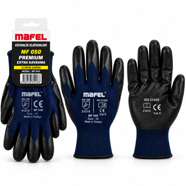 12 Adet Zebra Mavi Siyah No 10 XL Nitril İşçi Eldiven Poşetli Ambalaj Kesilme Direnç