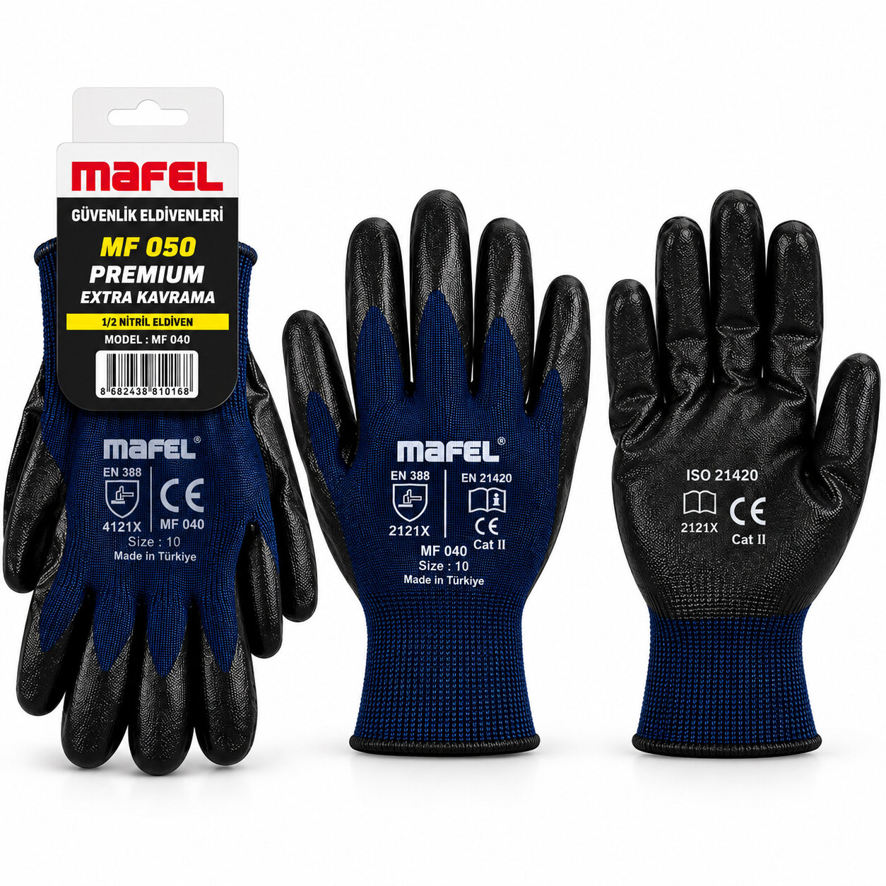 12 Adet Zebra Mavi Siyah No 10 XL Nitril İşçi Eldiven Poşetli Ambalaj Kesilme Direnç