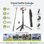 130 cm Uzayabilen Manyetik Kumandalı Tripod ve Ayarlanabilir Telefon Tutuculu, Alüminyum Gövdeli Selfie Çubuğu