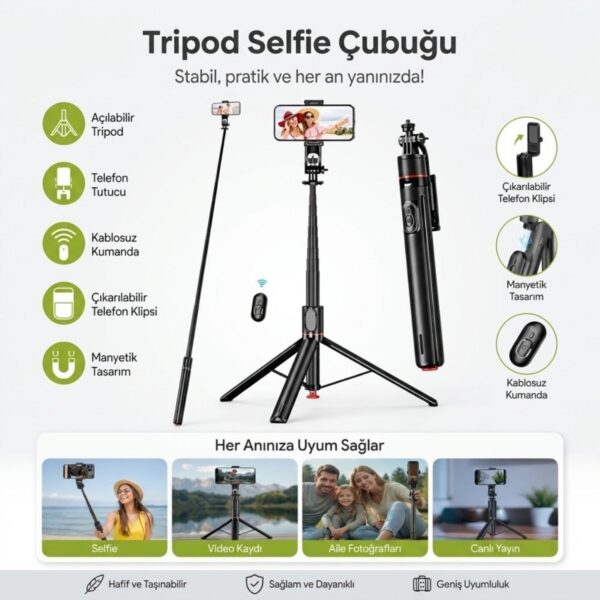 130 cm Uzayabilen Manyetik Kumandalı Tripod ve Ayarlanabilir Telefon Tutuculu, Alüminyum Gövdeli Selfie Çubuğu