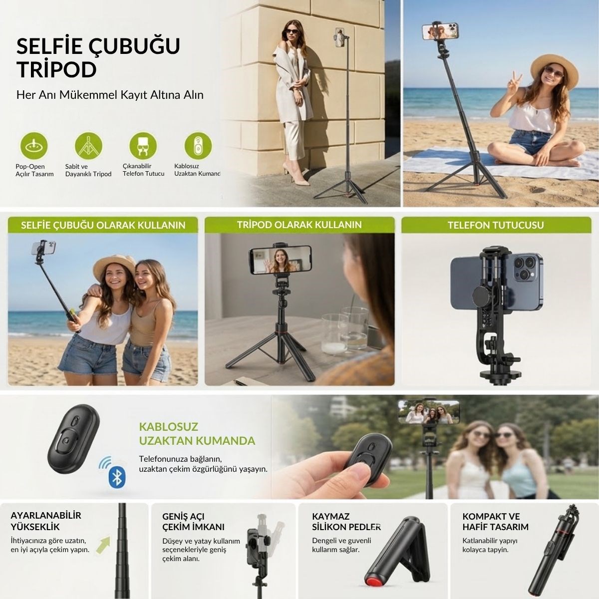130 cm Uzayabilen Manyetik Kumandalı Tripod ve Ayarlanabilir Telefon Tutuculu, Alüminyum Gövdeli Selfie Çubuğu
