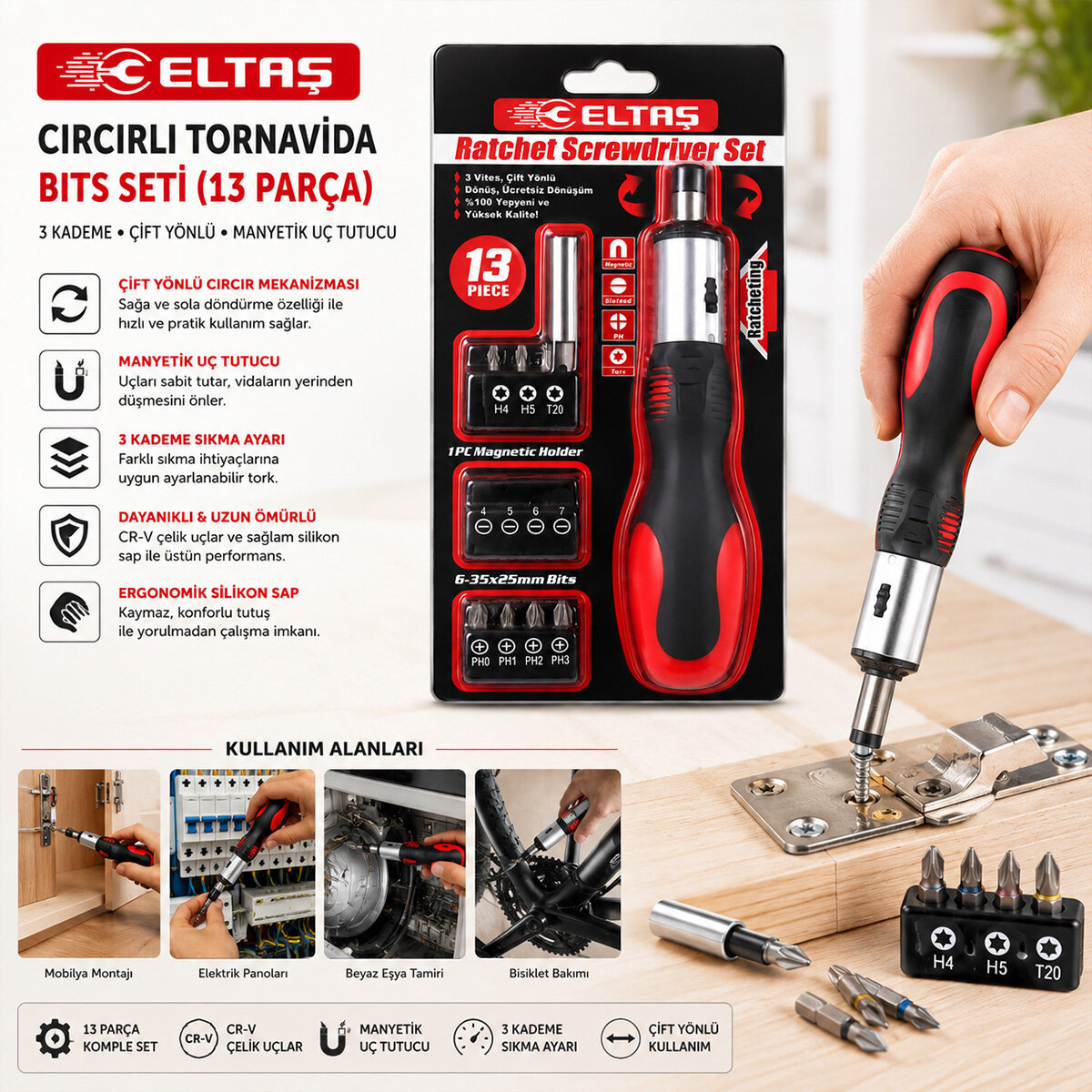 13pcs Silikon Sap - Cr-V Cırcırlı Tornavida Bits Seti 3 Kademe - Çift Yönlü - Manyetik Uç Tutucu