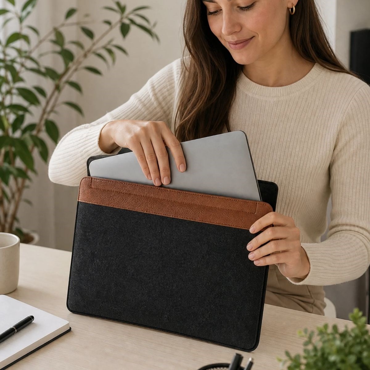 15.6 İnç Mıknatıslı Keçe Laptop ve Evrak Çantası, Notebook Bilgisayar ve Dosya Taşıma Çantası