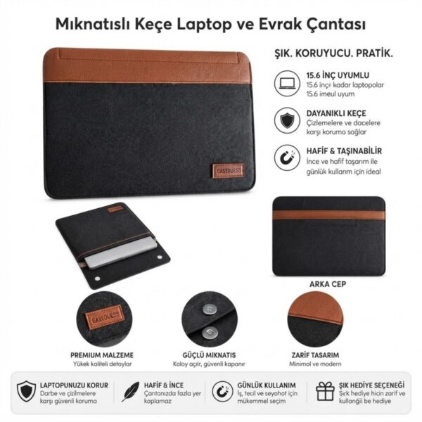 15.6 İnç Mıknatıslı Keçe Laptop ve Evrak Çantası, Notebook Bilgisayar ve Dosya Taşıma Çantası