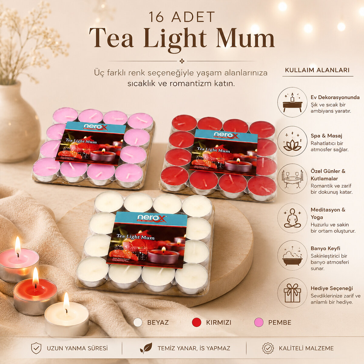 16 Parça Kırmızı Tea Light Yuvarlak Mum