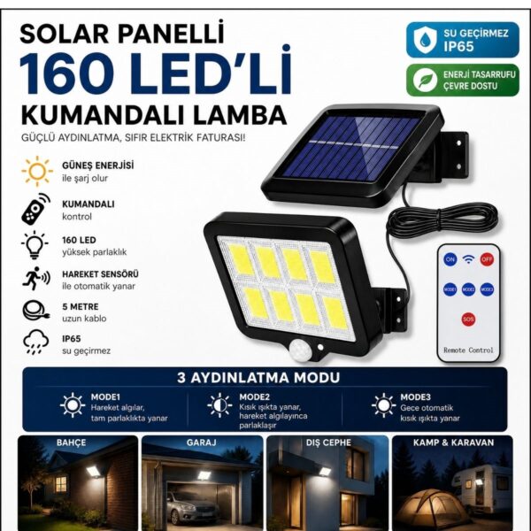 160 LED Solar Bahçe Aydınlatması, 6'lı Güneş Panelli LED Lamba, 5 Metre Kablolu ve Kumandalı