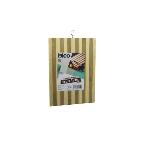 18 X 28 X 1.4 cm Beyaz Çizgili Ahşap Bambu Kesim Panosu - Kesme Tahtası Metal Kulplu