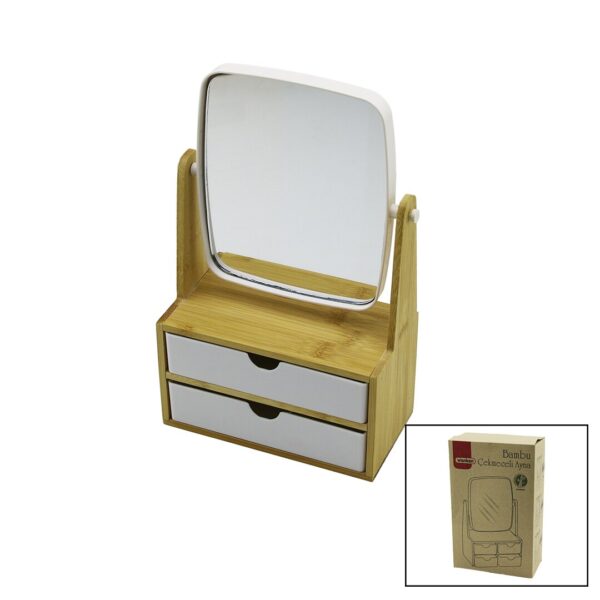 2 Çekmeceli Bambu Ahşap Standlı - 9x9.9x17.8x21.5cm Makyaj Aynası - 15x18cm Takılık 1+1 Organizer