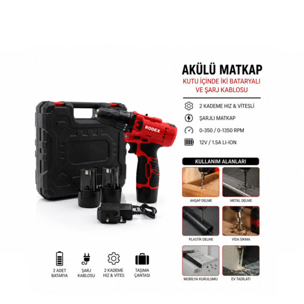 2 Kademe Hız - Vitesli Şarjlı Matkap 0-350 / 0-1350 Rpm 12 V / 1.5a Lı-Ion Rdx-3322