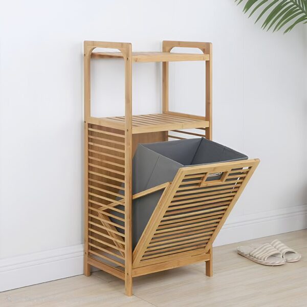 2 Organizer Raflı - Çek Aç Sepet Ahşap Bambu Kirli Çamaşır Sepet 40x35x95cm