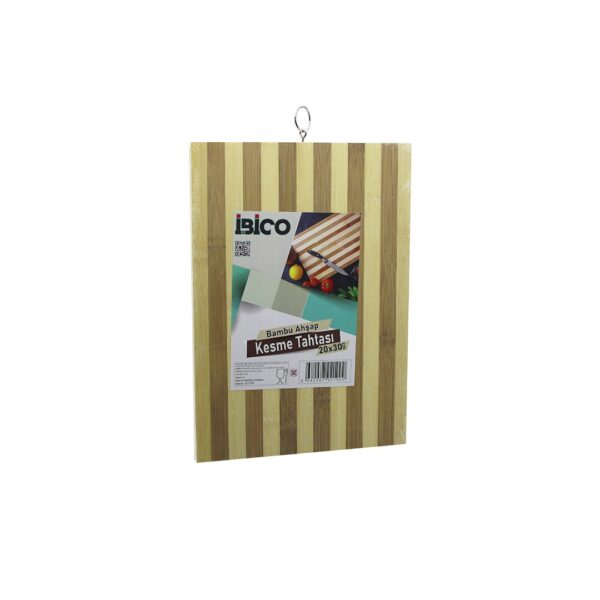 20 X 30 X 1.4 cm Beyaz Çizgili Ahşap Bambu Kesim Panosu - Kesme Tahtası Metal Kulplu