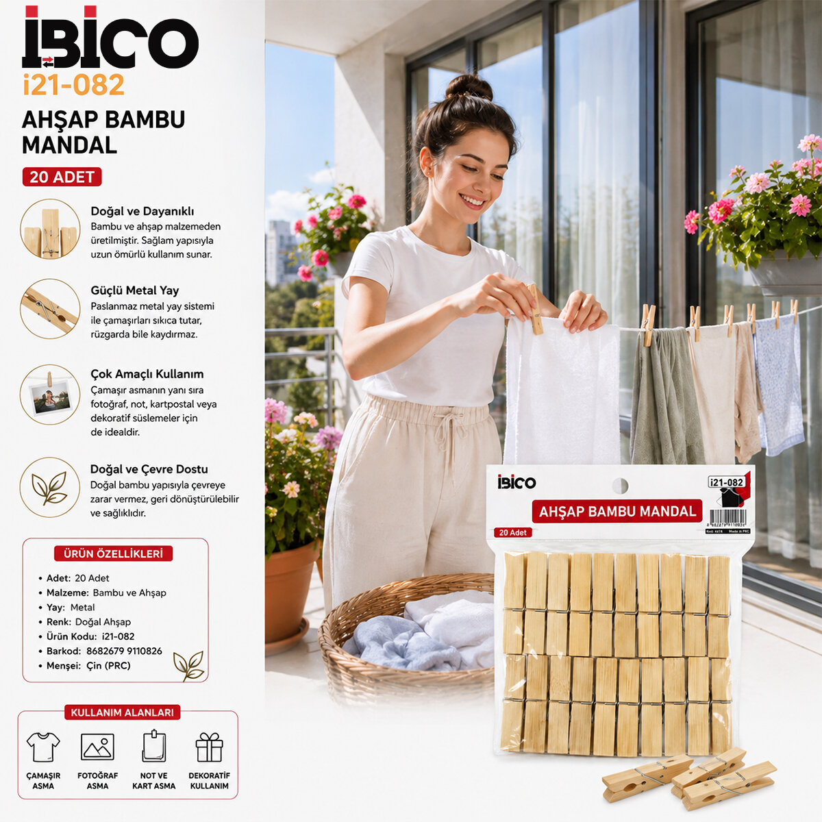 20pcs Ahşap Bambu Mandal