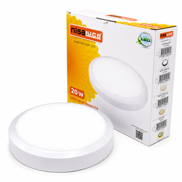 20 W Beyaz Metal Kasa Sıva Üstü Yuvarlak Ledli Glop Armatür Ip20 6500k - 1800lm E1212/B