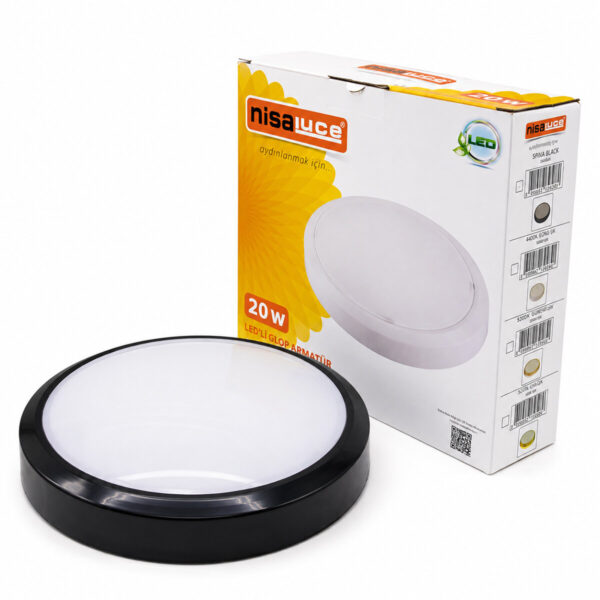 20 W Siyah Metal Kasa Sıva Üstü Yuvarlak Ledli Glop Armatür Ip20 6500k - 1800lm E1212/S