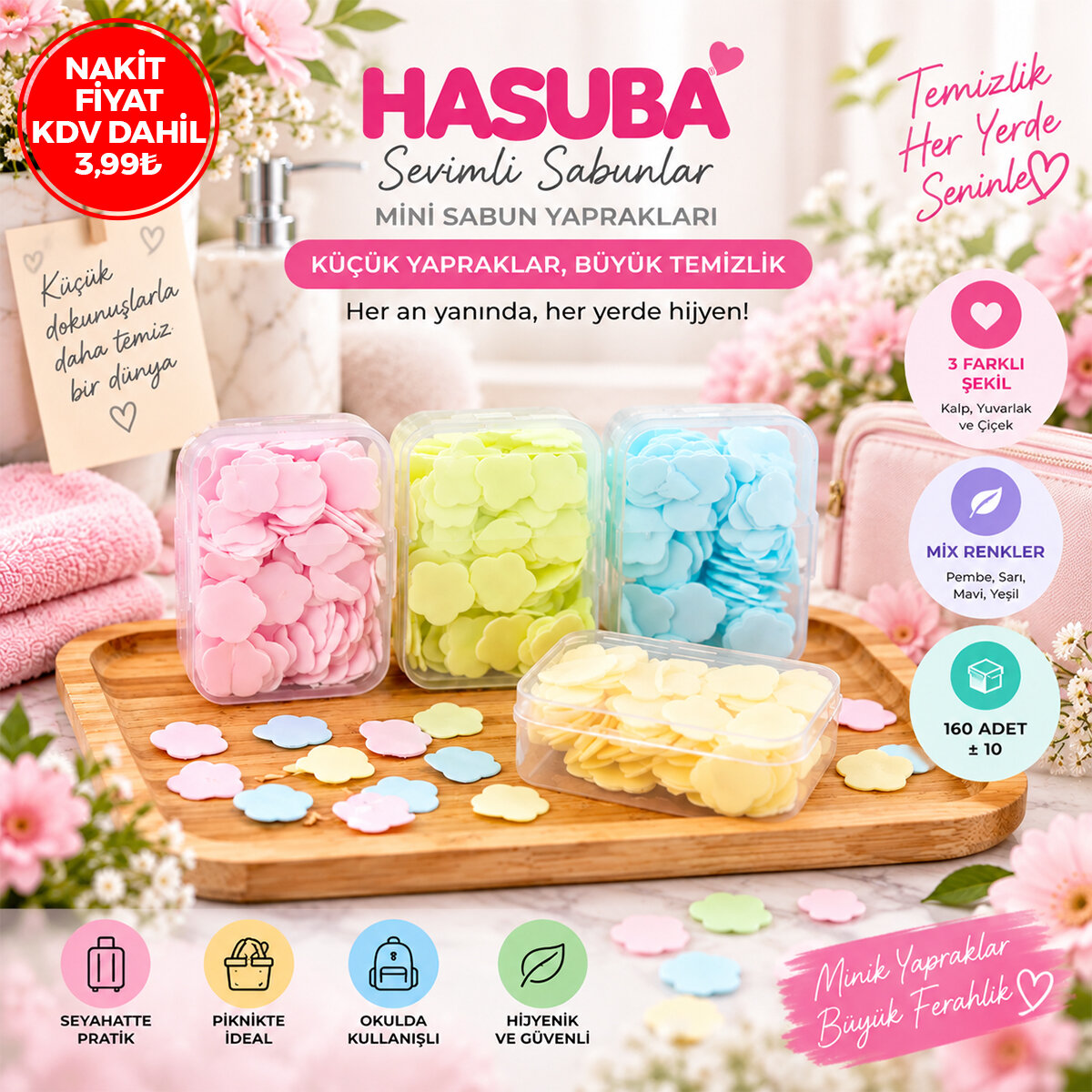 24 Adet Sevimli Sabunlar Mini - 1.2-1.5 cm Boyutunda Seyahat - Piknik - Okulda 3840pcs ± 10 Mix:kalp- Yuvarlak-Çiçek