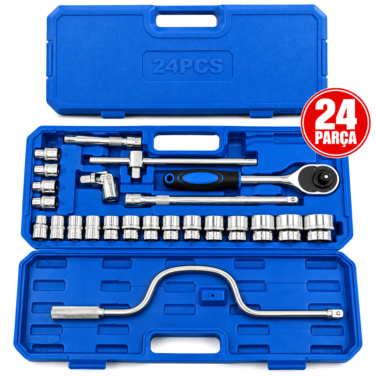 24 Parça 1/2 Inc Dr.socket Set Lokma - Soket - Adaptör - Cırcır Kolu Chrome Vanadıum Metal Çantalı