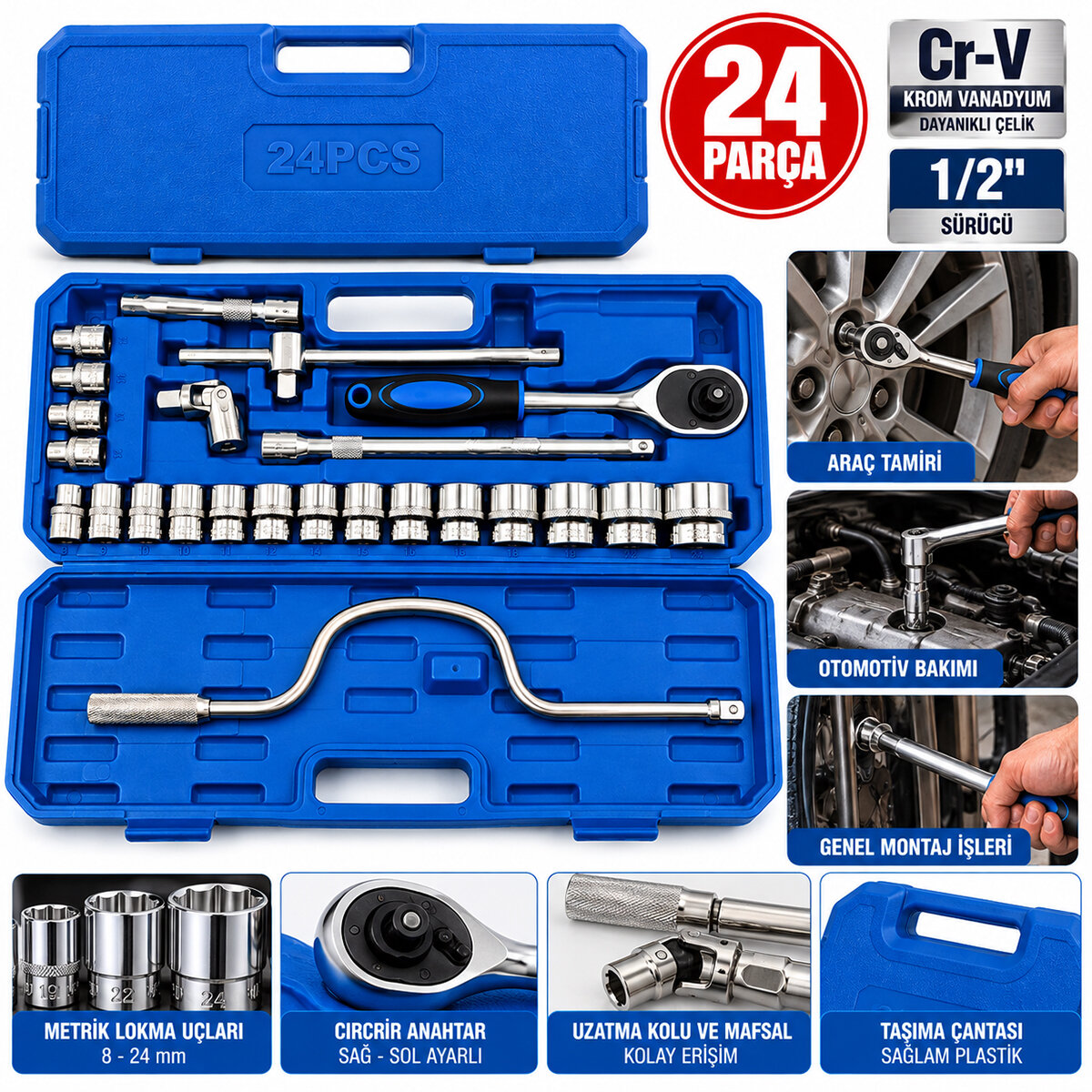 24 Parça 1/2 Inc Dr.socket Set Lokma - Soket - Adaptör - Cırcır Kolu Chrome Vanadıum Metal Çantalı