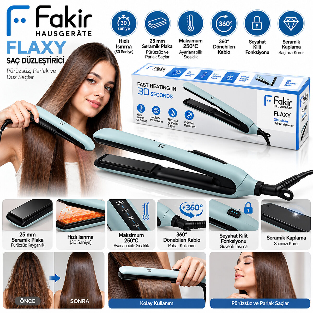 25 mm Seramik Plaka Hızlı Isınma - 360° Dönebilen Kablo Max 210° Sıcaklık Saç Düzleştirici Flaxy