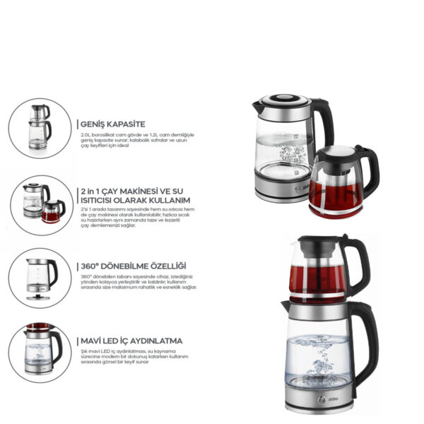 2in1 - Çaycı - Kettle Çelik Elektrikli Çay Makinesi 2 lt + 1,2 lt Çay Süzgeçli 360° Dönebilir Stm-5990