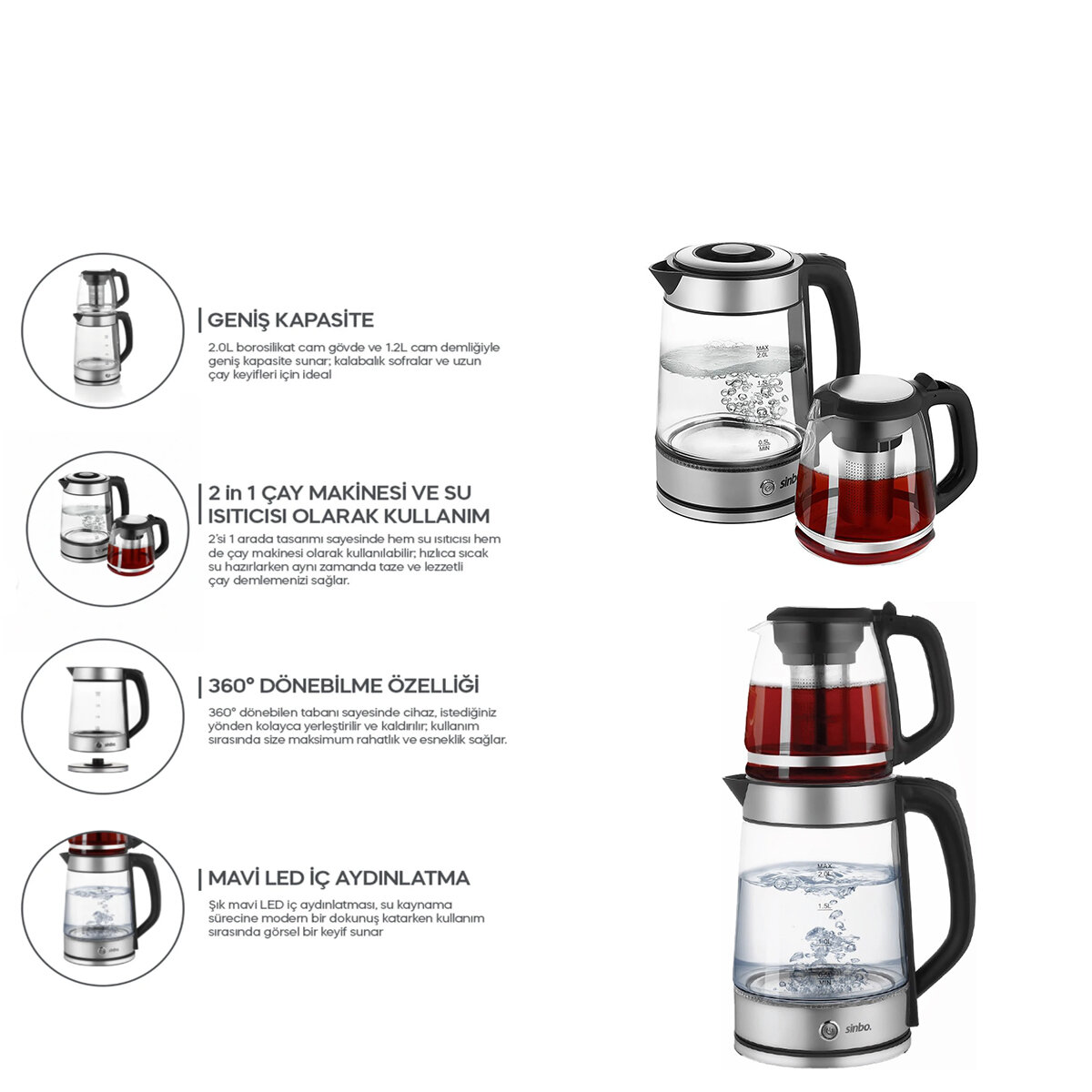 2in1 - Çaycı - Kettle Çelik Elektrikli Çay Makinesi 2 lt + 1,2 lt Çay Süzgeçli 360° Dönebilir Stm-5990