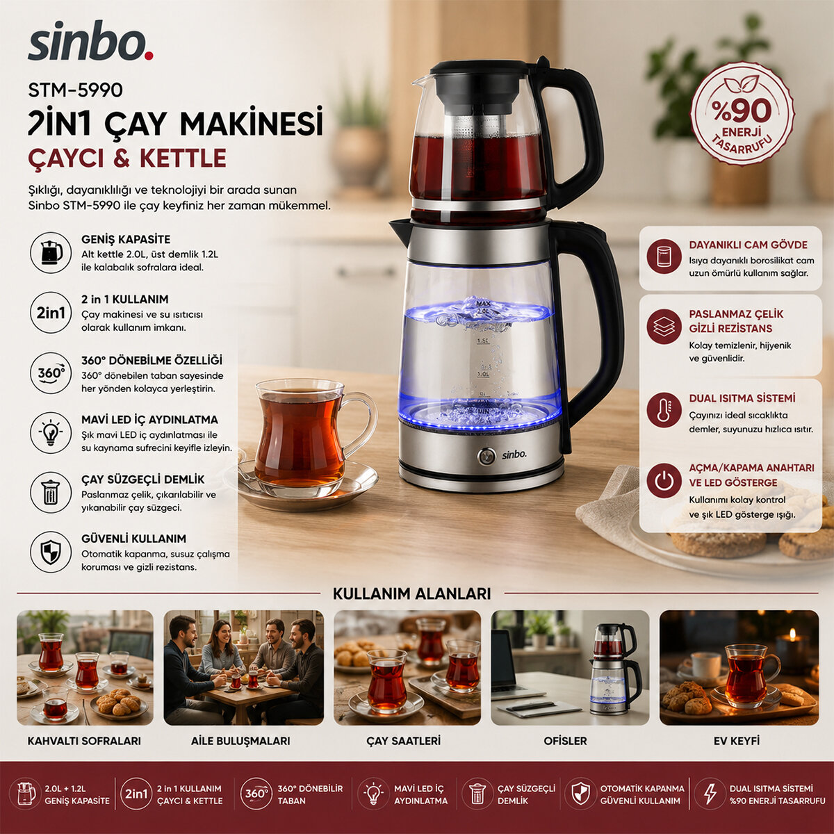 2in1 - Çaycı - Kettle Çelik Elektrikli Çay Makinesi 2 lt + 1,2 lt Çay Süzgeçli 360° Dönebilir Stm-5990