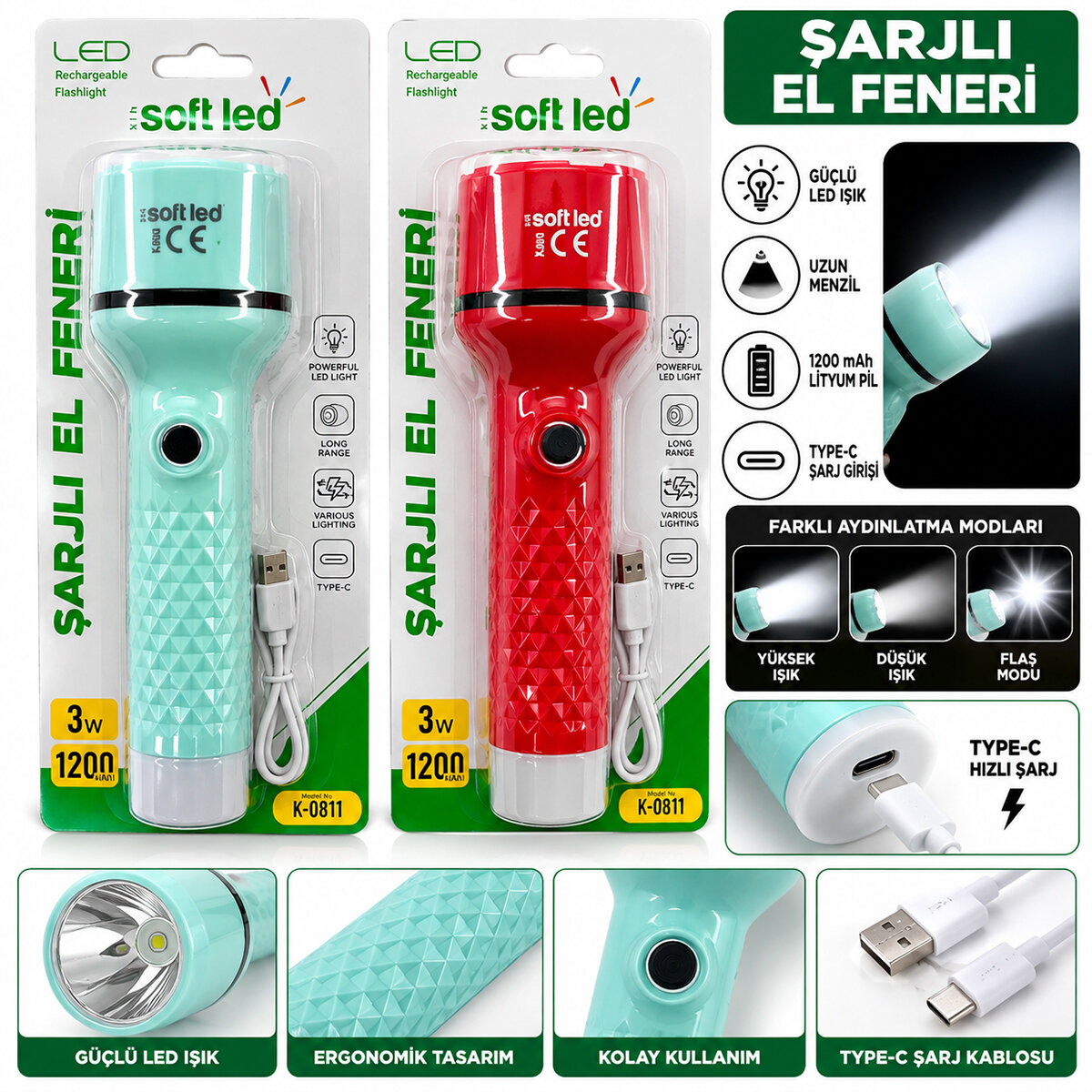 2ın1 Şarjlı El Feneri USB - Type-C Şarjlı 1 LED 2 W - 8 Smd 1 W K-0811
