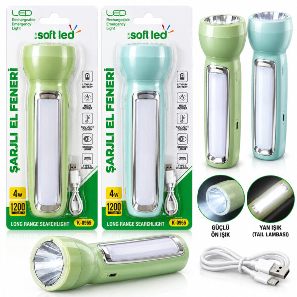 2ın1 Softled Şarjlı El Feneri USB - Type-C Şarjlı 1 LED 1.2 W - 14 LED 2.4 W K-0965
