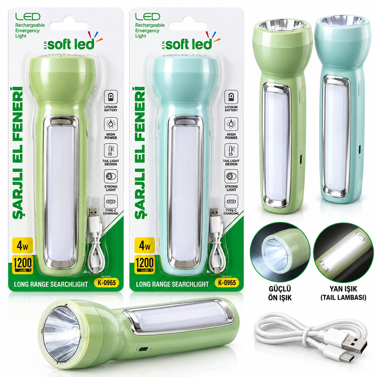 2ın1 Softled Şarjlı El Feneri USB - Type-C Şarjlı 1 LED 1.2 W - 14 LED 2.4 W K-0965