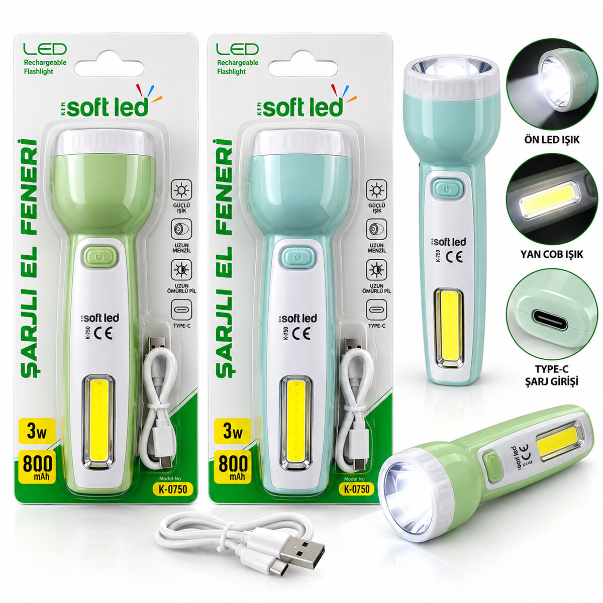 2ın1 Softled Şarjlı El Feneri USB - Type-C Şarjlı 2 W LED - 1 W Cob LED K-0750
