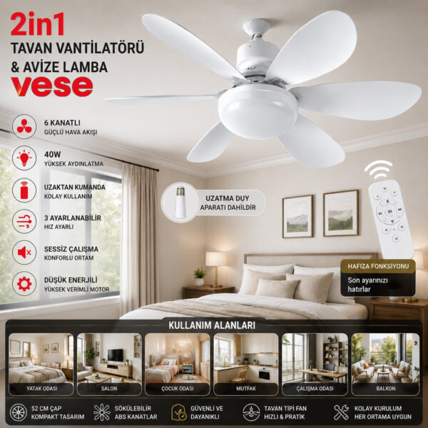 2in1 - Tavan Vantilatör - Avize Lamba 40 W Kumandalı 6knat Vnt-005