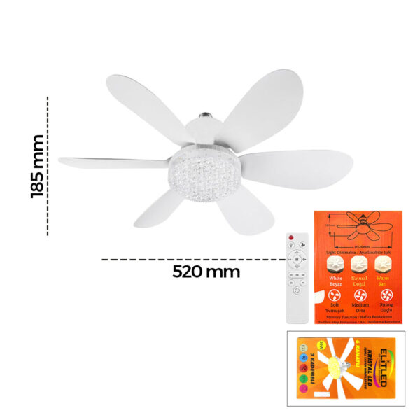 2in1 - Tavan Vantilatör - Avize Lamba Kumandalı 52 cm Sinek Kovucu 6-Beyaz Plastik Kanat 3-Kademe Hız Beyaz-Sarı-Doğal Işık