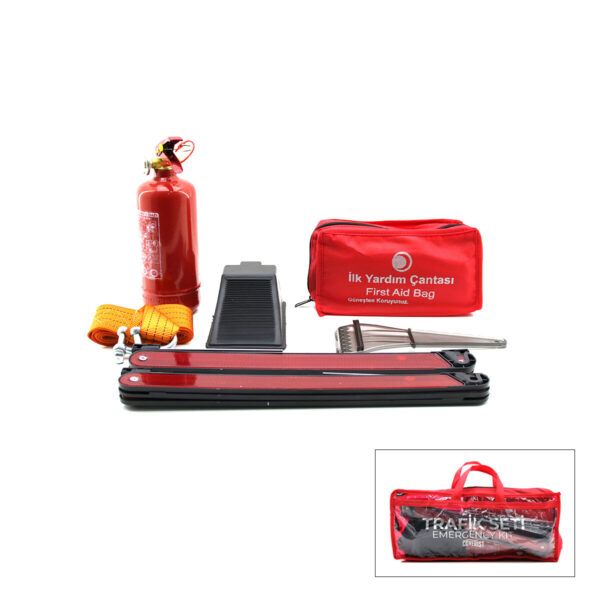 2li Set 4 Gen Çanta 7pcs + 38pcs Oto Trafik Seti + İlk Yardım Seti Yangın Tüpü - 1 kg 2pcs Reflektör Bez Kemer Çekme Halat - 2.9 m Araç Takoz Buz Kazıma Set Çantası