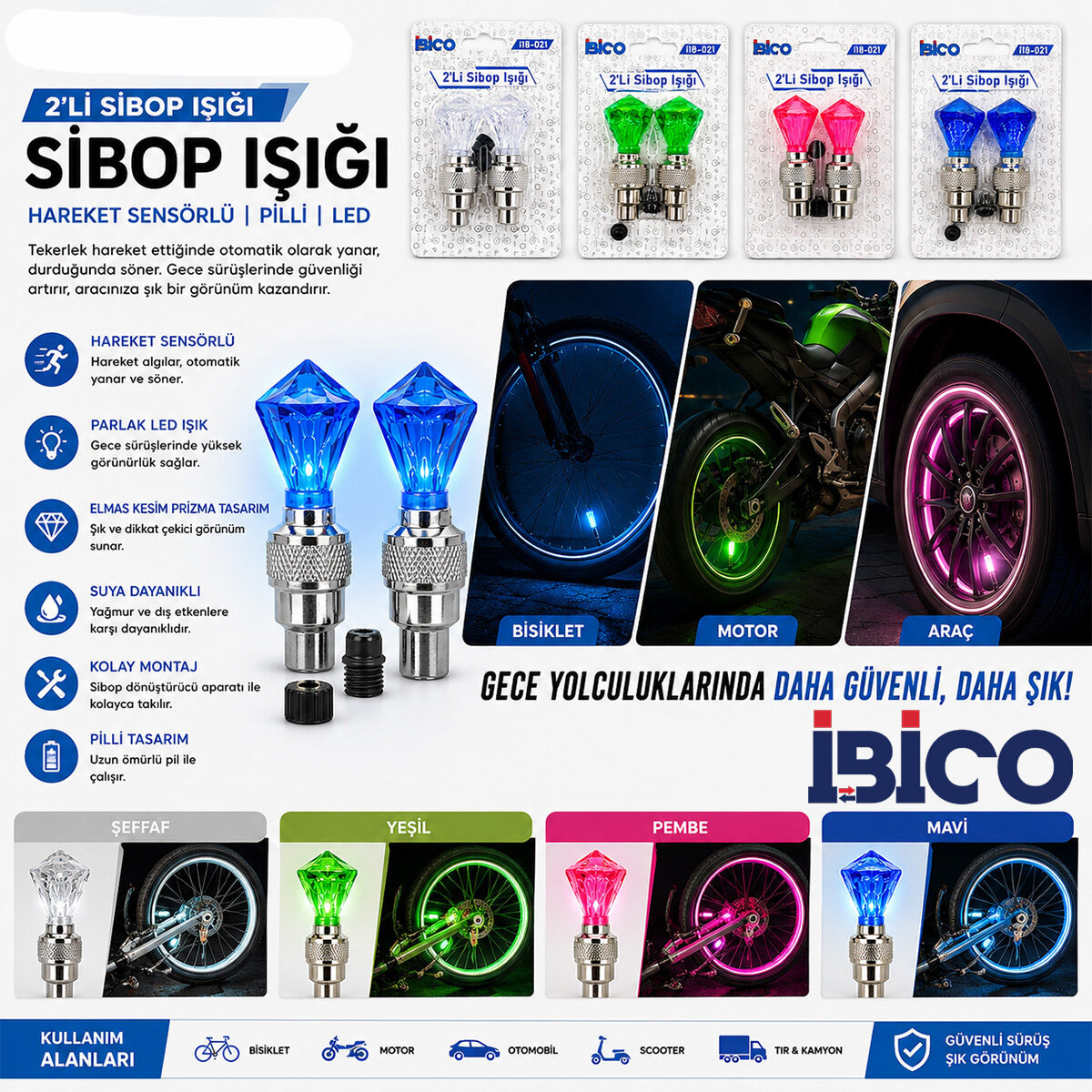 2pcs Yeşil Elmas Kesim Prizma Model Sibop Işık Pilli Bisiklet - Motor - Araç Hareket Sensörlü İ18-021