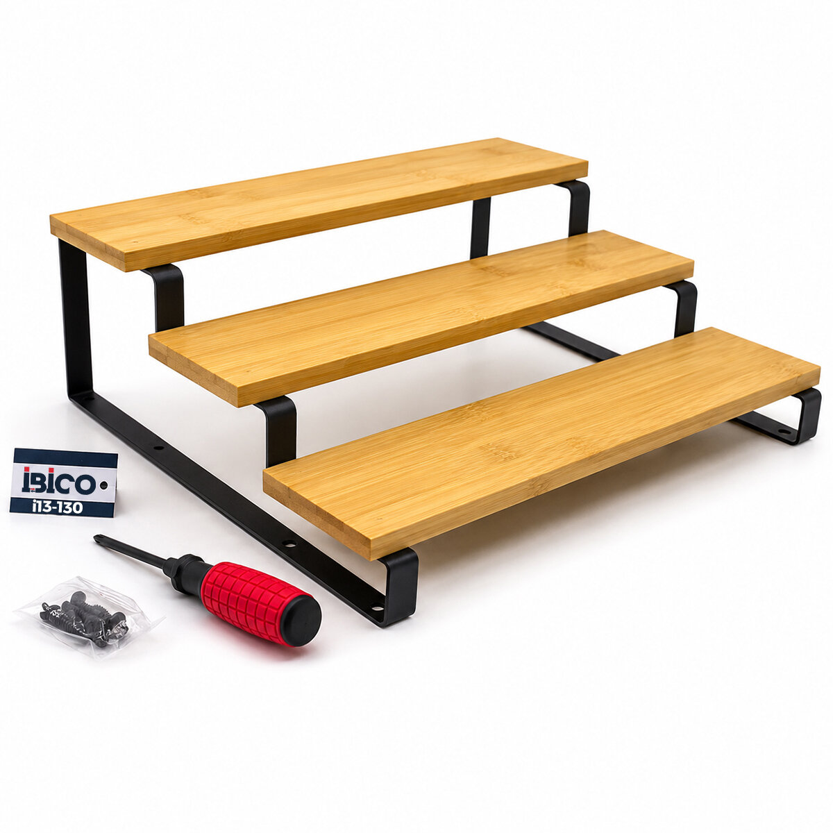 3 Basamaklı Ahşap - Bambu Tezgah Üstü Baharatlık - Düzenleyici Stand 29.5x23.5x10.5cm