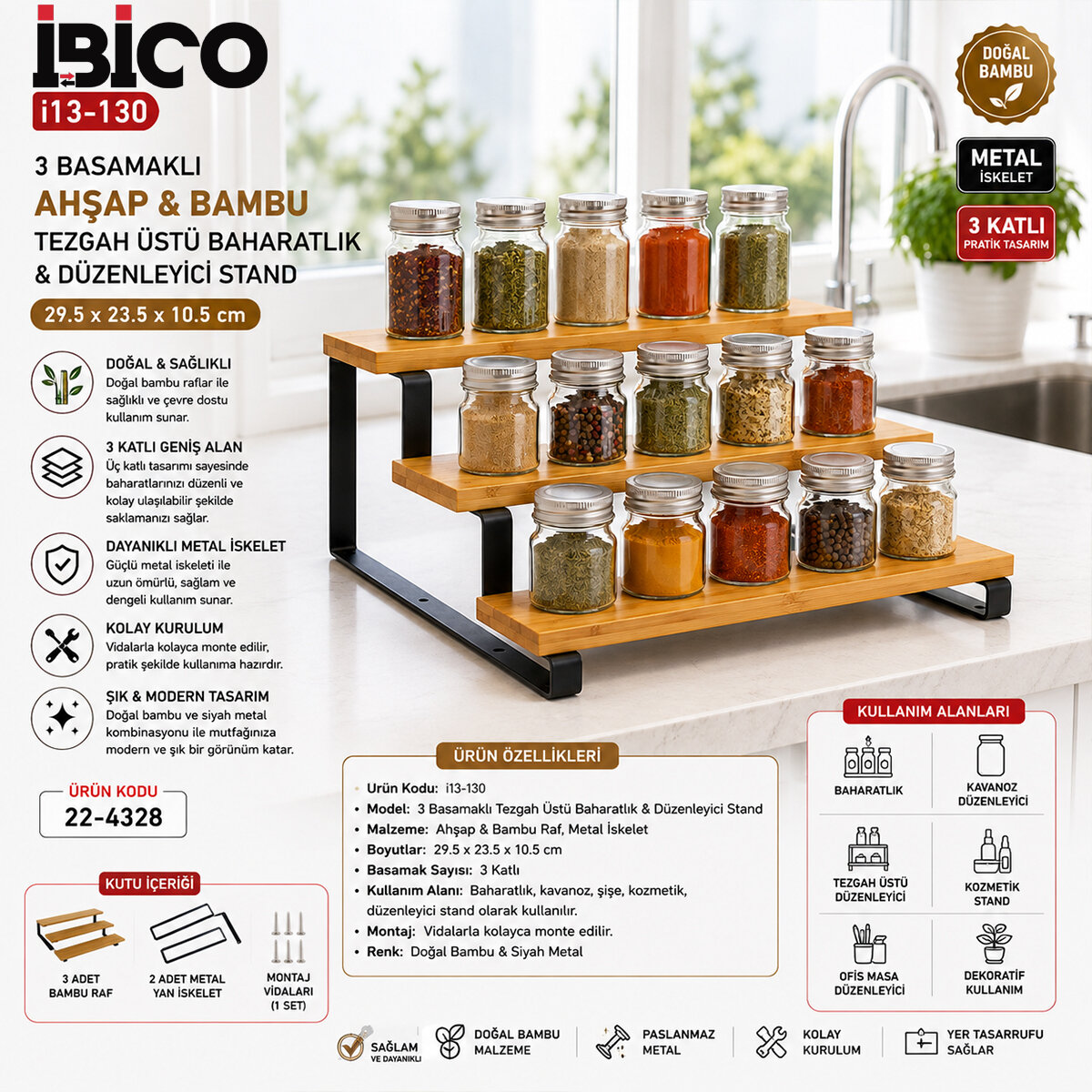 3 Basamaklı Ahşap - Bambu Tezgah Üstü Baharatlık - Düzenleyici Stand 29.5x23.5x10.5cm